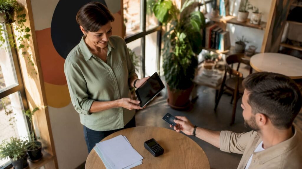 Lastnik malega podjetja sprejema plačilo kar z mobilnim telefonom, s pomočjo brezkontaktnega bralnika NFC.