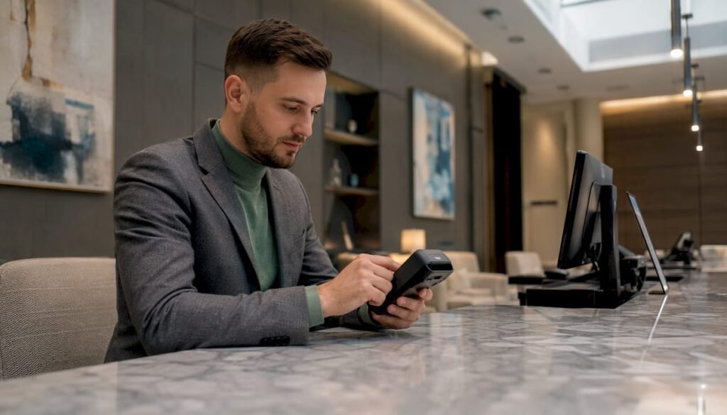 Recepcijska vodja v hotelu ureja spletno plačilo gostov.