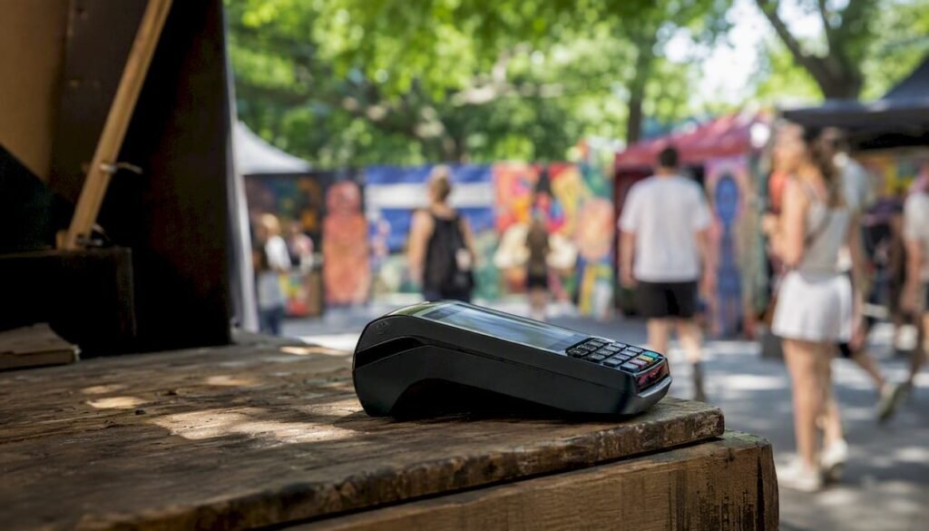 Plačilni terminal s 4G povezavo na prodajni stojnici festivala