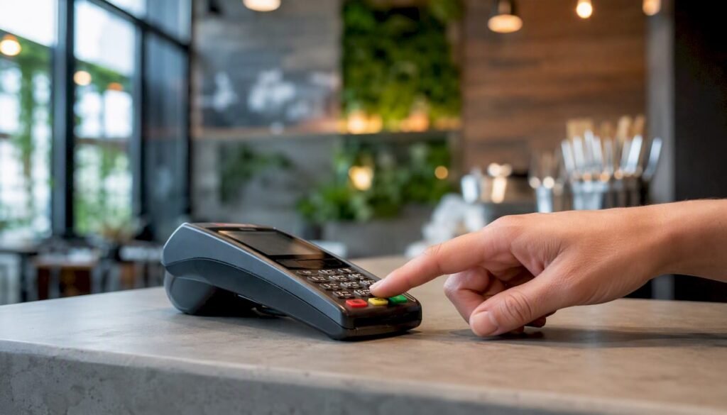 Roka pritiska tipko na POS terminalu