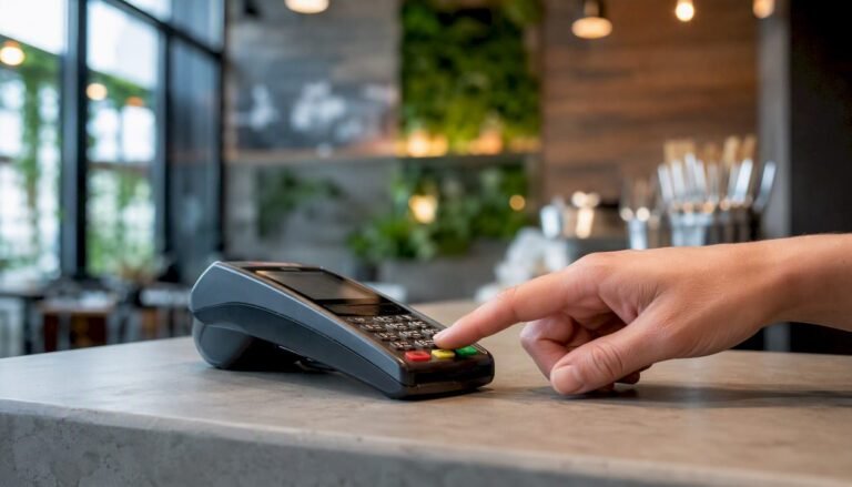 Roka pritiska tipko na POS terminalu