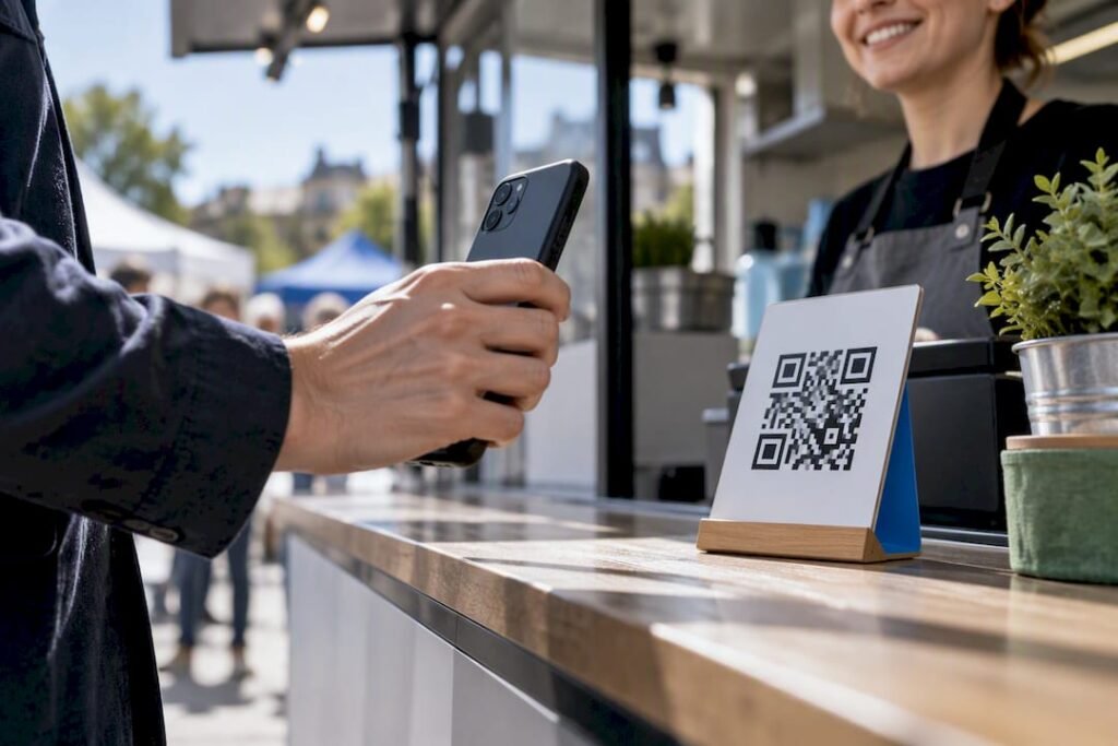Kupec skenira QR kodo na mobilni prodajni stojnici