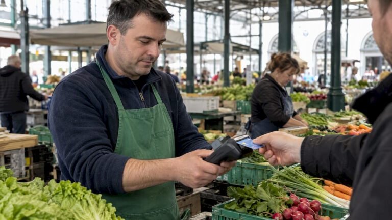Prodajalec sprejema plačilo na skupnem POS terminalu